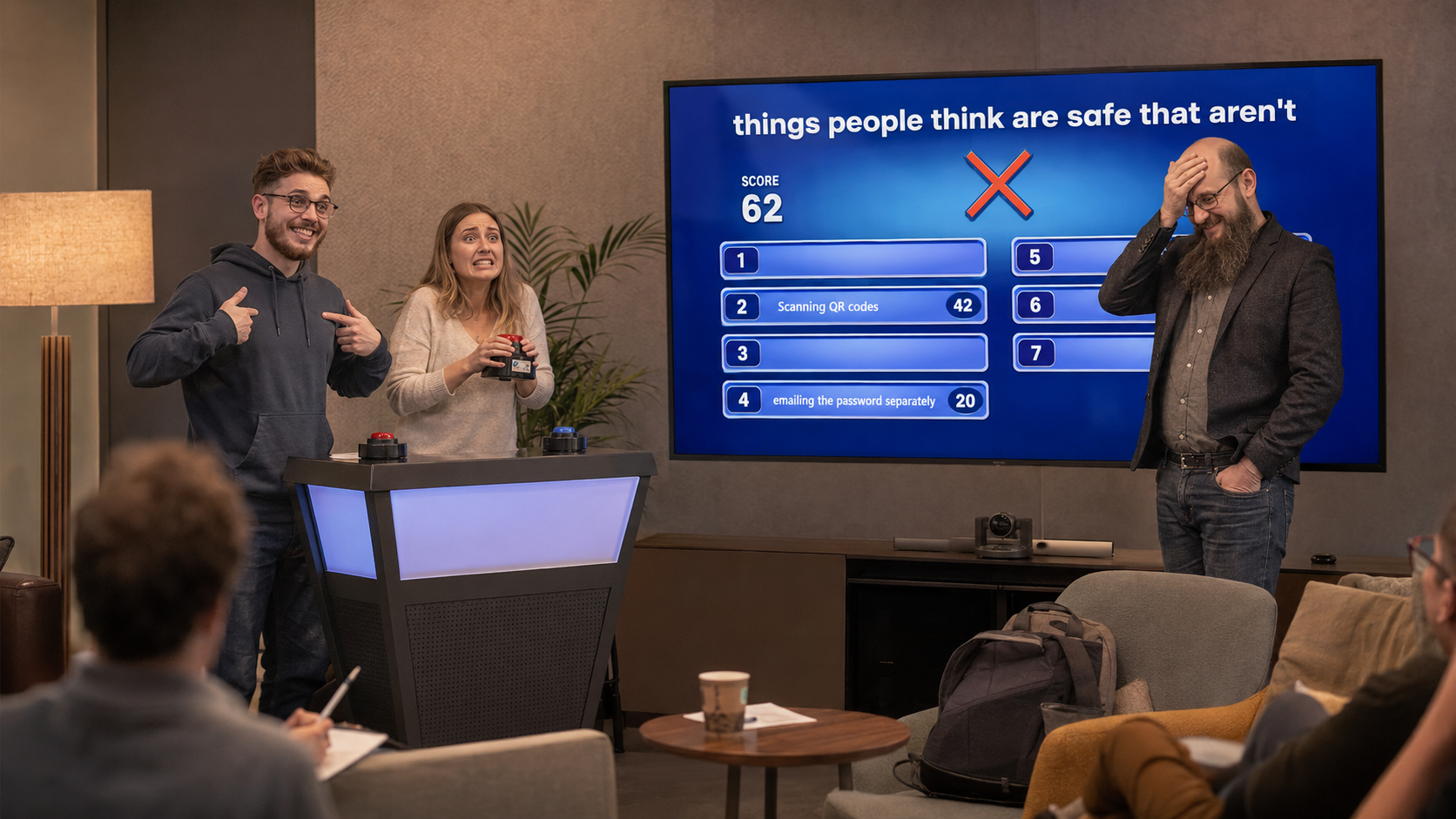 A realistic LensCraft workshop survey-game scene where a presenter stands beside a screen titled Things people think are safe that aren't.