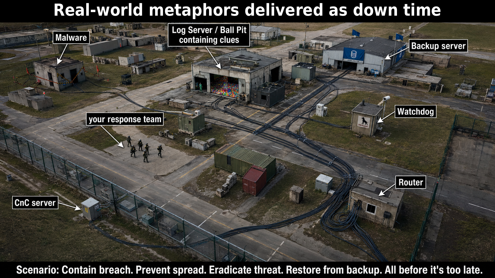 Drone-style airsoft arena image mapped as a cyber incident response scenario with labelled systems.